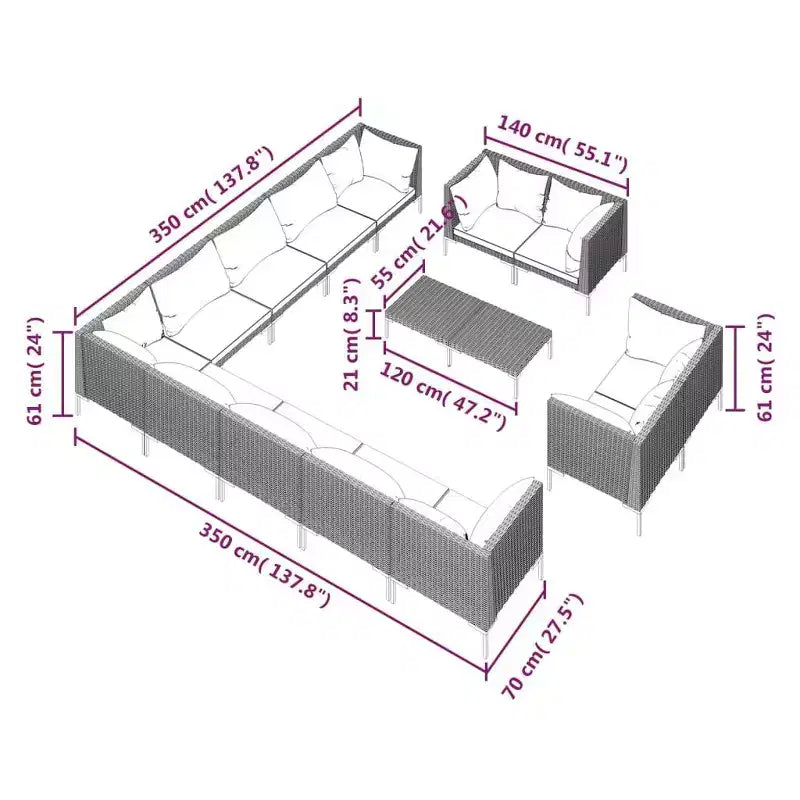 Ensemble de salon de jardin 14 pièces vidaXL avec canapé d’angle extérieur en polyrotin gris foncé et coussins pour jardin/terrasse/pont