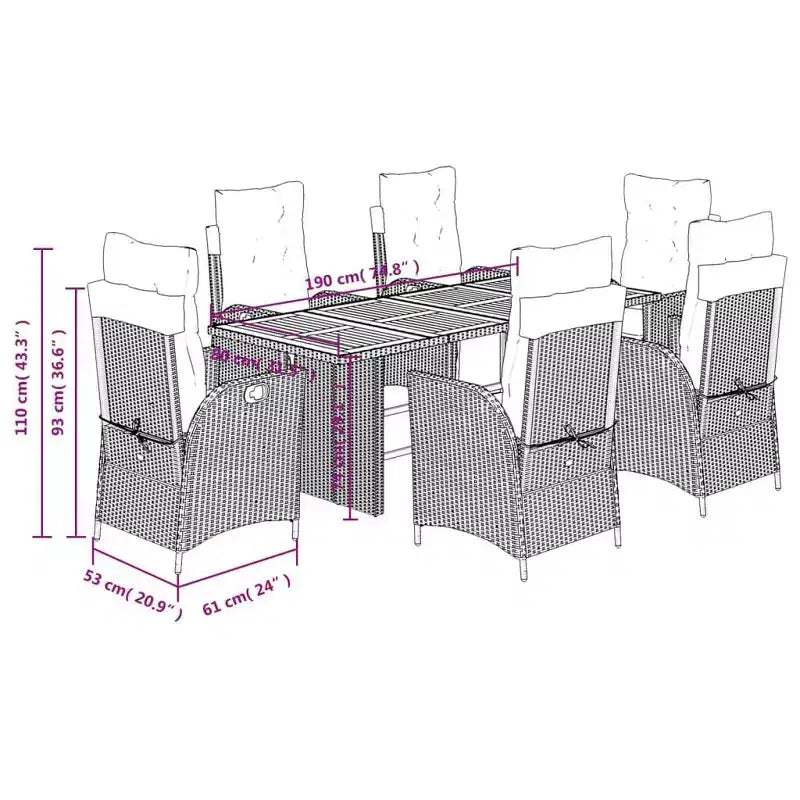Set da pranzo da giardino vidaXL da 7 pezzi con cuscini, polirattan grigio