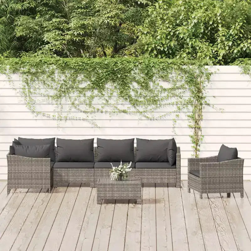 vidaXL 7-teiliges Garten-Lounge-Set mit Sitzkissen, grauer Poly-Rattan