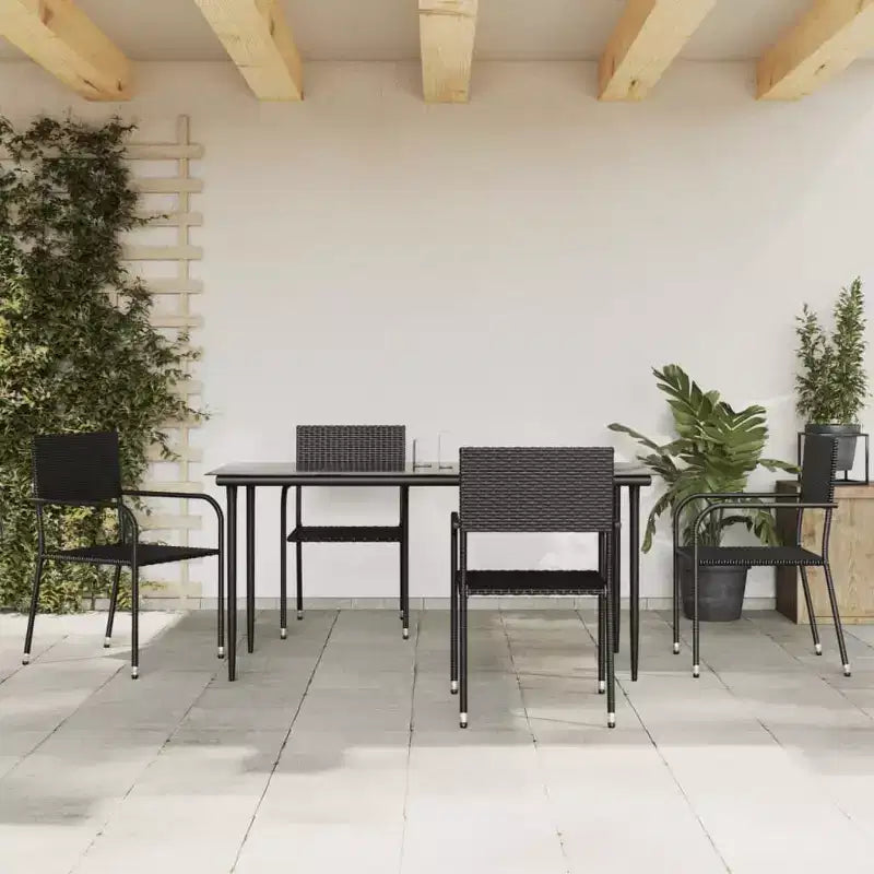 vidaXL Garten-Essgruppe aus schwarzem Poly-Rattan, Stahl und gehärtetem Glas – Tischlänge 63, 4-teilig