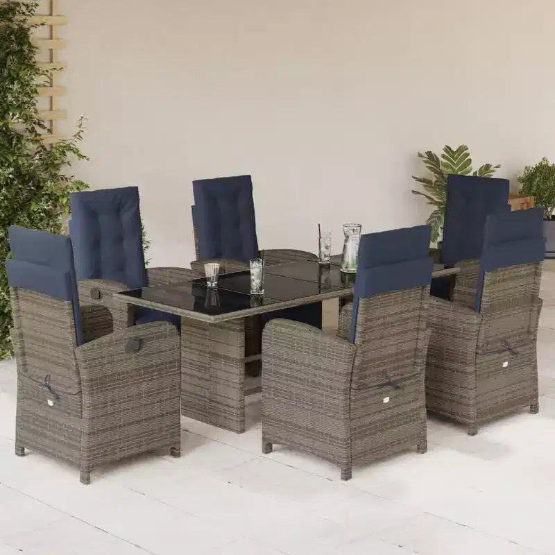 Ensemble de repas de jardin vidaXL 7 pièces en polyrotin gris avec coussins bleu marine - fauteuils inclinables réglables et plateau de table en verre trempé pour jardin, extérieur ou balcon