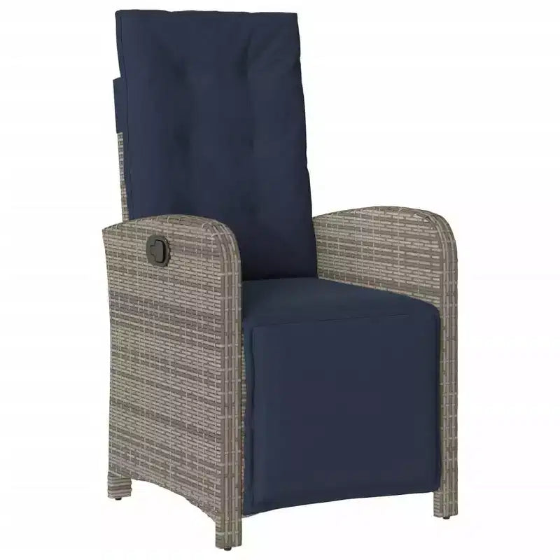 Ensemble de repas de jardin vidaXL 7 pièces en polyrotin gris avec coussins bleu marine - fauteuils inclinables réglables et plateau de table en verre trempé pour jardin, extérieur ou balcon