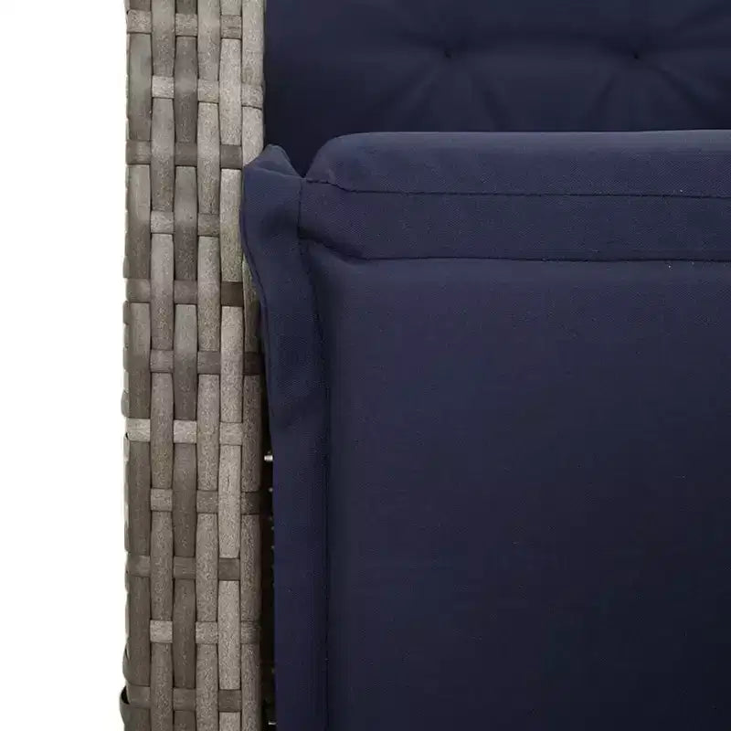 Ensemble de repas de jardin vidaXL 7 pièces en polyrotin gris avec coussins bleu marine - fauteuils inclinables réglables et plateau de table en verre trempé pour jardin, extérieur ou balcon