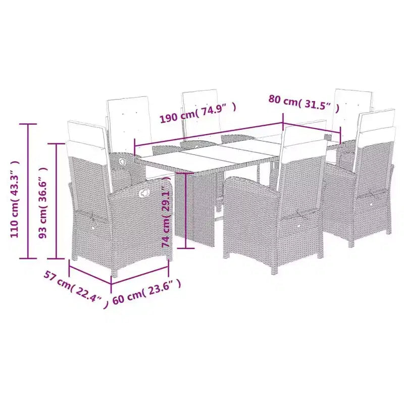 Ensemble de repas de jardin vidaXL 7 pièces en polyrotin gris avec coussins bleu marine - fauteuils inclinables réglables et plateau de table en verre trempé pour jardin, extérieur ou balcon