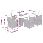 Ensemble de repas de jardin vidaXL 7 pièces en polyrotin gris avec coussins bleu marine - fauteuils inclinables réglables et plateau de table en verre trempé pour jardin, extérieur ou balcon