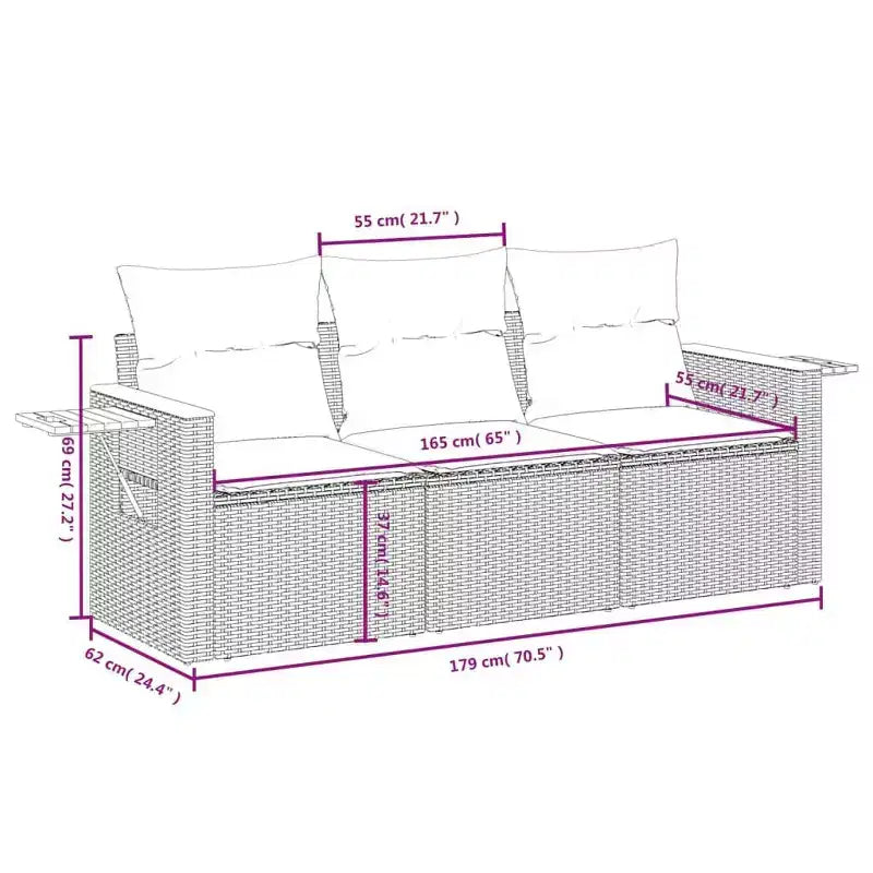 vidaXL Gartensofa-Set, schwarzes PE-Rattan, 3-teilig, mit abnehmbaren Bezügen