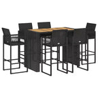 vidaXL 7 Piece Black Patio Bar Set - Weather-Resistant Poly Rattan & Acacia with Stools