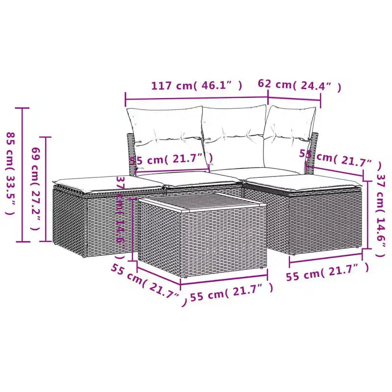 vidaXL 5 Piece Patio Sofa Set with Cushions Black Poly Rattan