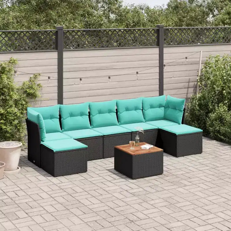 vidaXL 8-teiliges Gartensofaset mit Kissen, schwarzes und blaues Poly-Rattan