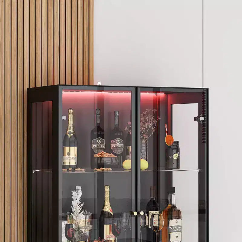 Famapy Modern Kitchen & Dining Wine Rack with Glass Doors,Wine Cabinet with 7 - Color LED Lighting,Freestanding Storage for Liquor and Glassware
