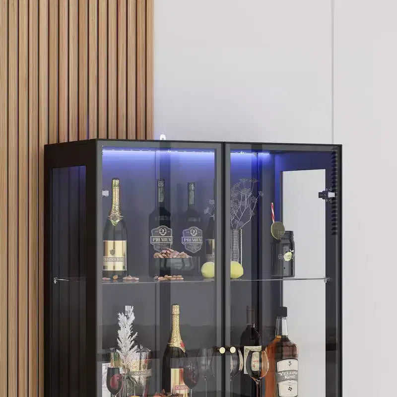 Famapy Modern Kitchen & Dining Wine Rack with Glass Doors,Wine Cabinet with 7 - Color LED Lighting,Freestanding Storage for Liquor and Glassware