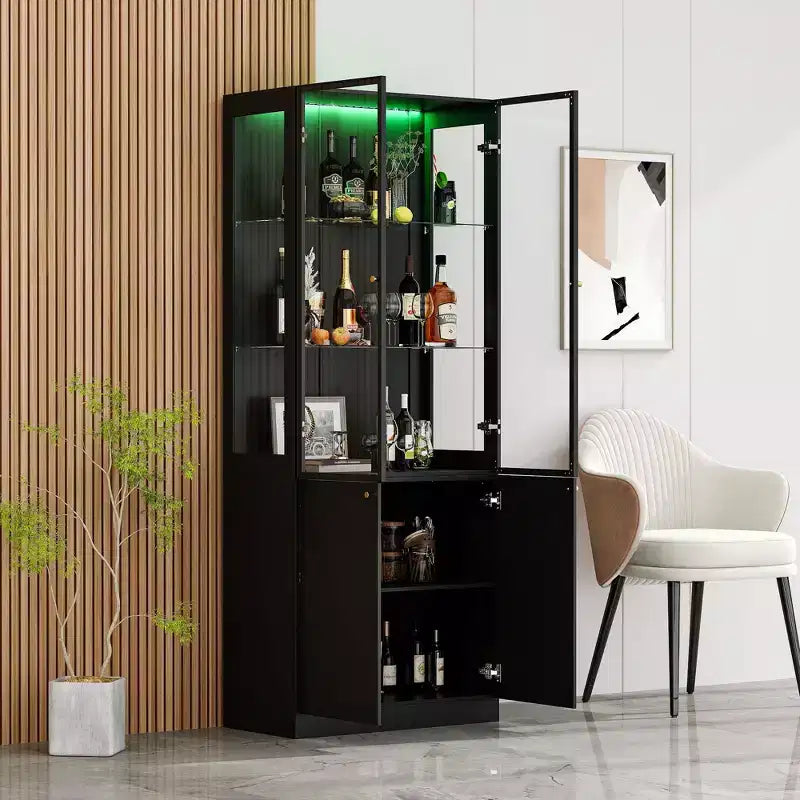 Famapy Modern Kitchen & Dining Wine Rack with Glass Doors,Wine Cabinet with 7 - Color LED Lighting,Freestanding Storage for Liquor and Glassware