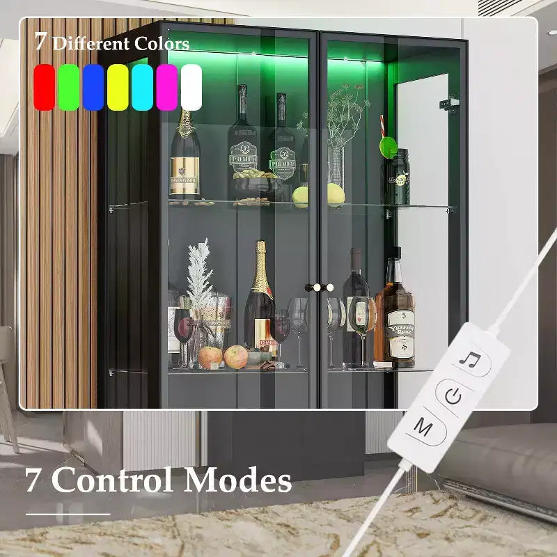 Famapy Modern Kitchen & Dining Wine Rack with Glass Doors,Wine Cabinet with 7 - Color LED Lighting,Freestanding Storage for Liquor and Glassware