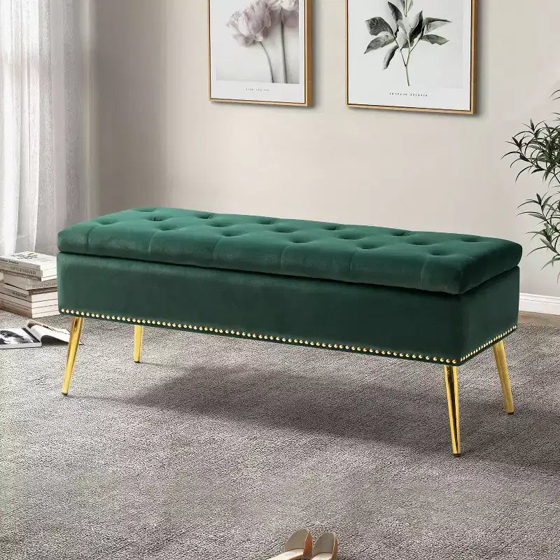 Hippolytus Storage Bench with Nailhead Trim and Button-tufted for Bedroom| ART OF LIVING DESIGNS-BLACK