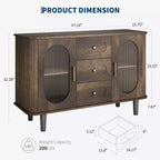 CuisinSmart Sideboard Buffet Cabinet with 2 Fluted Glass Doors&3 Drawers, Farmhouse Accent Coffee Bar with Adjustable Shelves for Kitchen Living Room