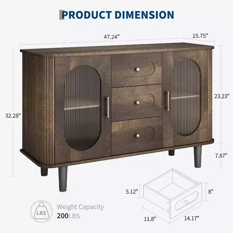 CuisinSmart Sideboard Buffet Cabinet with 2 Fluted Glass Doors&3 Drawers, Farmhouse Accent Coffee Bar with Adjustable Shelves for Kitchen Living Room