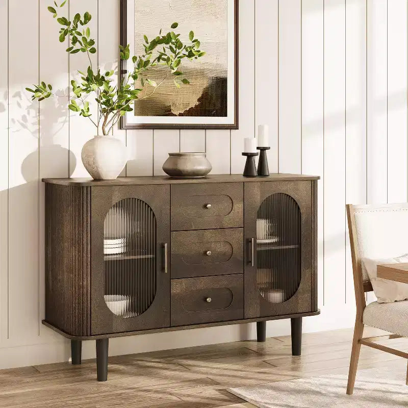 CuisinSmart Sideboard Buffet Cabinet with 2 Fluted Glass Doors&3 Drawers, Farmhouse Accent Coffee Bar with Adjustable Shelves for Kitchen Living Room