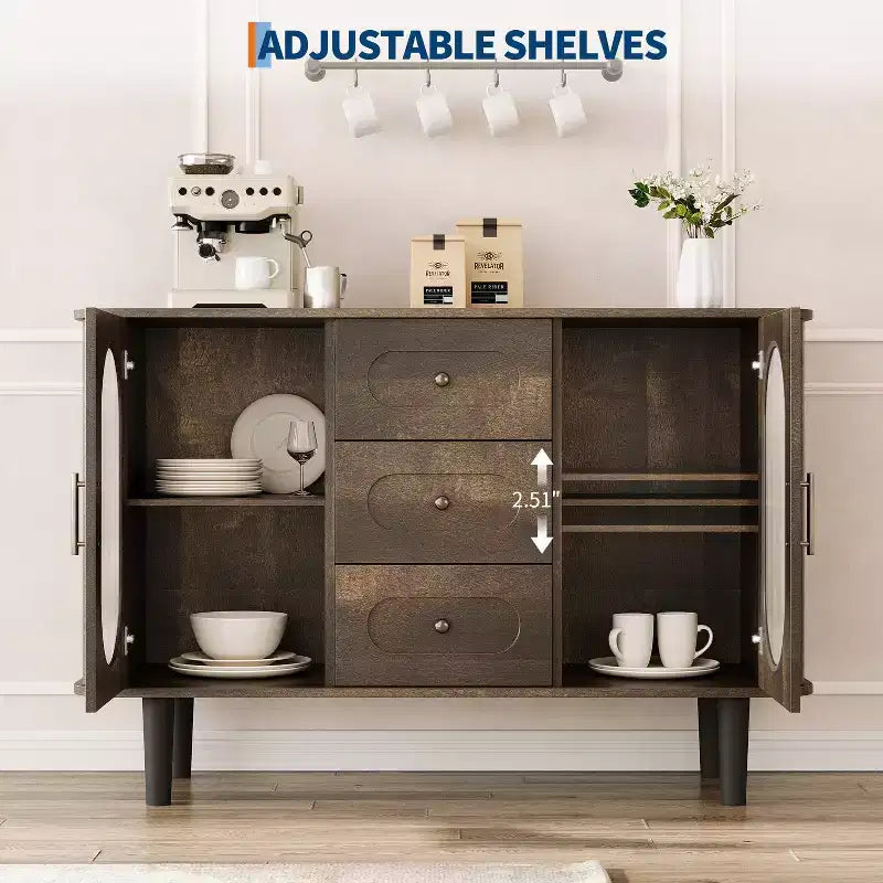 CuisinSmart Sideboard Buffet Cabinet with 2 Fluted Glass Doors&3 Drawers, Farmhouse Accent Coffee Bar with Adjustable Shelves for Kitchen Living Room