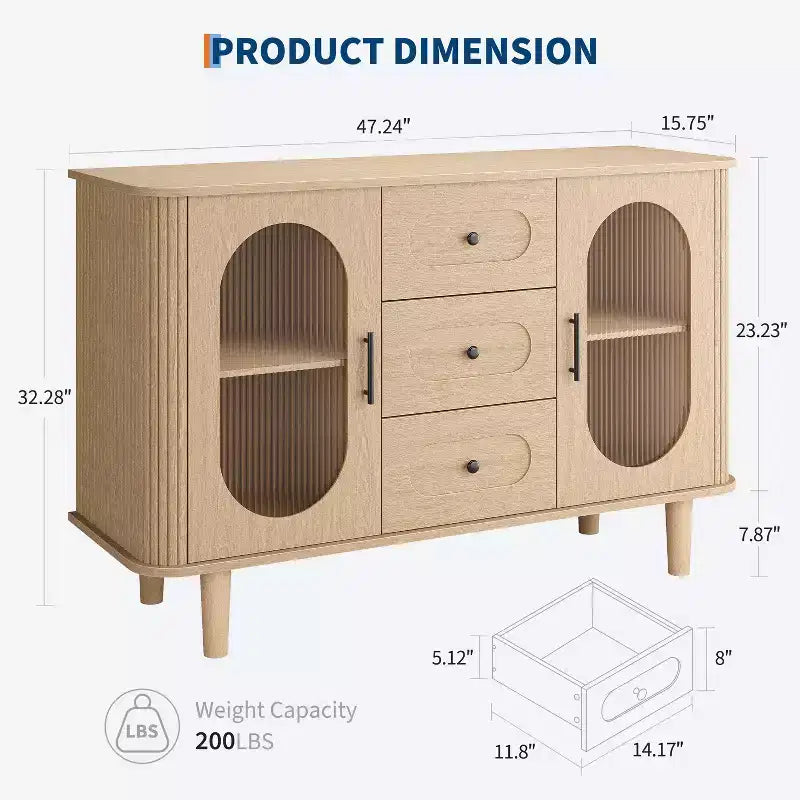 CuisinSmart Sideboard Buffet Cabinet with 2 Fluted Glass Doors&3 Drawers, Farmhouse Accent Coffee Bar with Adjustable Shelves for Kitchen Living Room