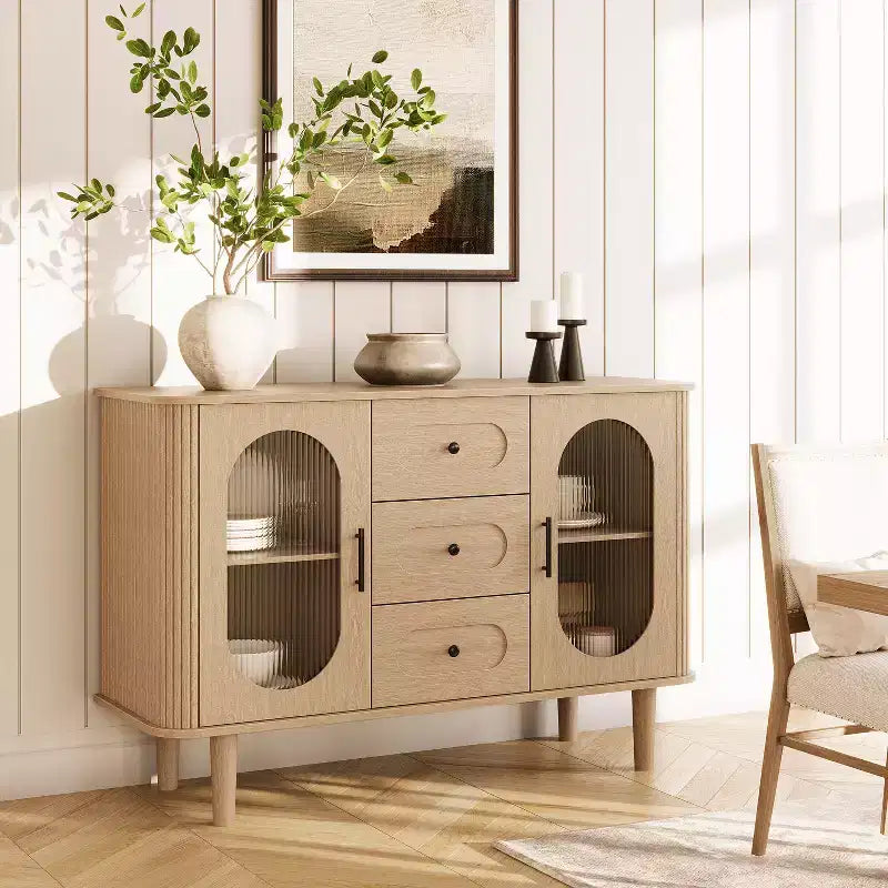 CuisinSmart Sideboard Buffet Cabinet with 2 Fluted Glass Doors&3 Drawers, Farmhouse Accent Coffee Bar with Adjustable Shelves for Kitchen Living Room
