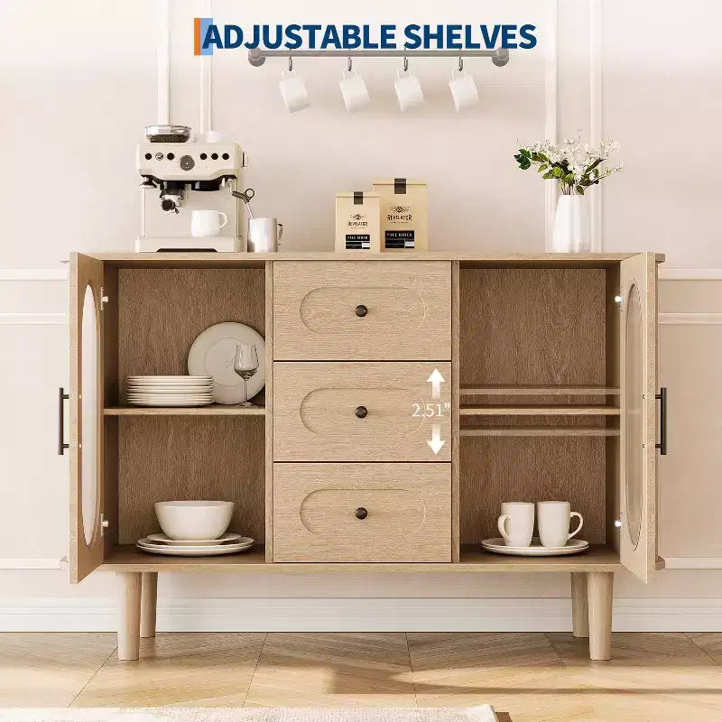 CuisinSmart Sideboard Buffet Cabinet with 2 Fluted Glass Doors&3 Drawers, Farmhouse Accent Coffee Bar with Adjustable Shelves for Kitchen Living Room