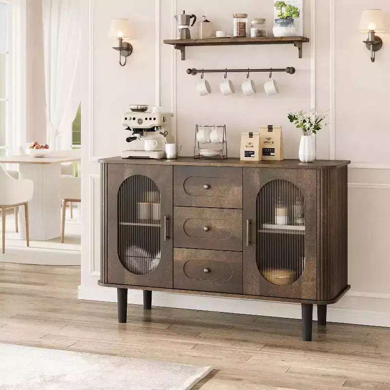 CuisinSmart Sideboard Buffet Cabinet with 2 Fluted Glass Doors&3 Drawers, Farmhouse Accent Coffee Bar with Adjustable Shelves for Kitchen Living Room