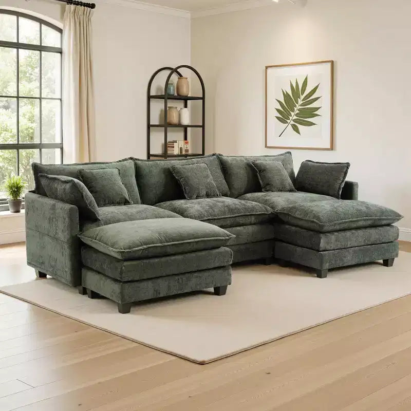 EHMKNP 3-Seat U-Shaped Modern Cloud Couch - Chenille Modular Sectional with Deep Seat, 2 Ottoman & 4 Pillows for Home/Apartment Spaces