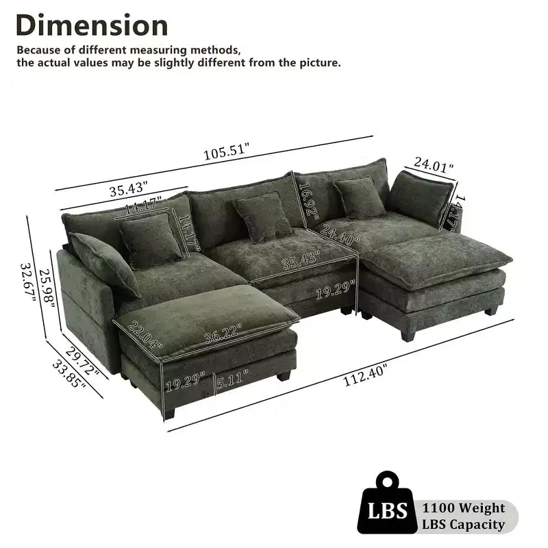 EHMKNP 3-Seat U-Shaped Modern Cloud Couch - Chenille Modular Sectional with Deep Seat, 2 Ottoman & 4 Pillows for Home/Apartment Spaces
