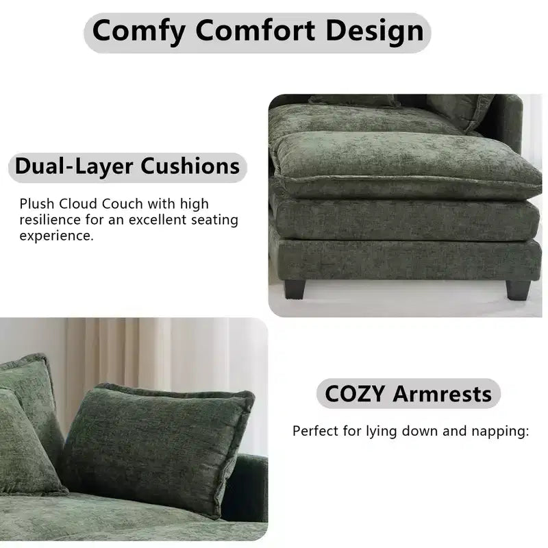 EHMKNP 3-Seat U-Shaped Modern Cloud Couch - Chenille Modular Sectional with Deep Seat, 2 Ottoman & 4 Pillows for Home/Apartment Spaces