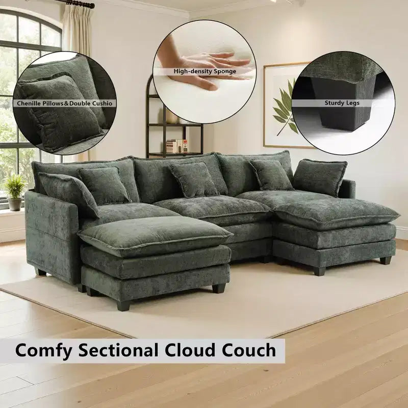 EHMKNP 3-Seat U-Shaped Modern Cloud Couch - Chenille Modular Sectional with Deep Seat, 2 Ottoman & 4 Pillows for Home/Apartment Spaces