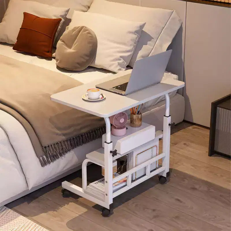 Portable Rolling Desk on Wheels, Mobile Computer Desk for Small Space Small Standing Desk, Adjustable Height, Storage Shelves, for Home Office Study