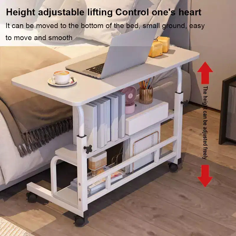 Portable Rolling Desk on Wheels, Mobile Computer Desk for Small Space Small Standing Desk, Adjustable Height, Storage Shelves, for Home Office Study