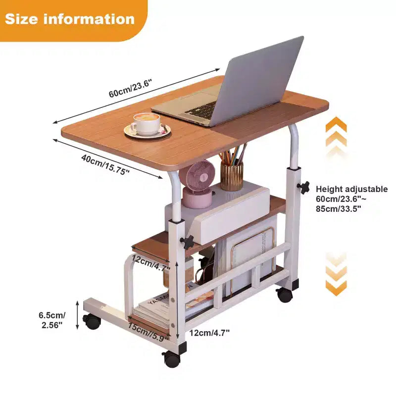 Portable Rolling Desk on Wheels, Mobile Computer Desk for Small Space Small Standing Desk, Adjustable Height, Storage Shelves, for Home Office Study