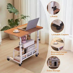 Portable Rolling Desk on Wheels, Mobile Computer Desk for Small Space Small Standing Desk, Adjustable Height, Storage Shelves, for Home Office Study