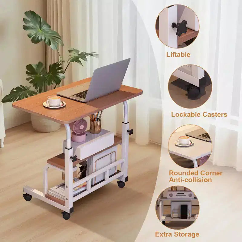 Portable Rolling Desk on Wheels, Mobile Computer Desk for Small Space Small Standing Desk, Adjustable Height, Storage Shelves, for Home Office Study