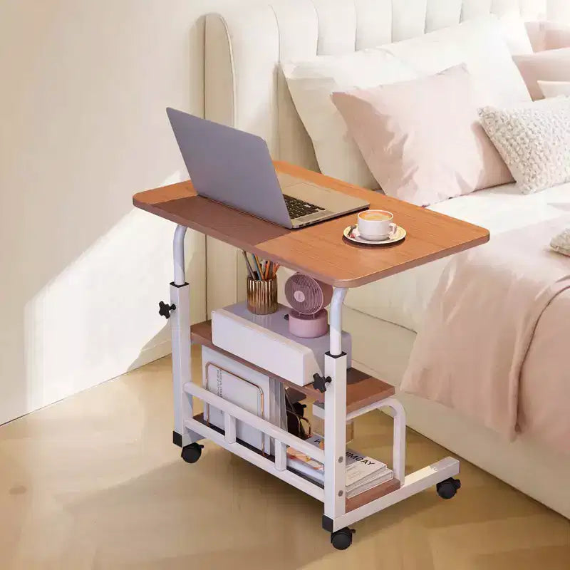 Portable Rolling Desk on Wheels, Mobile Computer Desk for Small Space Small Standing Desk, Adjustable Height, Storage Shelves, for Home Office Study