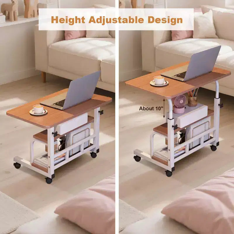 Portable Rolling Desk on Wheels, Mobile Computer Desk for Small Space Small Standing Desk, Adjustable Height, Storage Shelves, for Home Office Study