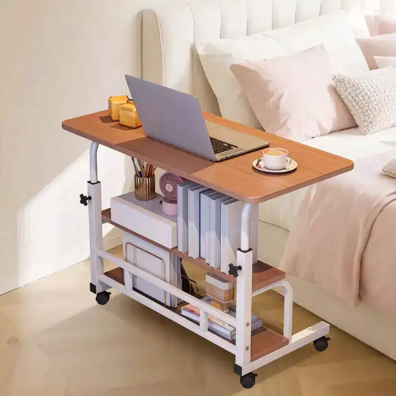 Portable Rolling Desk on Wheels, Mobile Computer Desk for Small Space Small Standing Desk, Adjustable Height, Storage Shelves, for Home Office Study