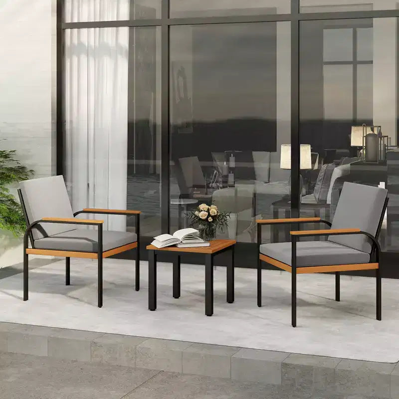 Costway 3 PCS Patio Furniture Set with Coffee Table Removable Cushions Acacia Wood Armrests Black/Gray