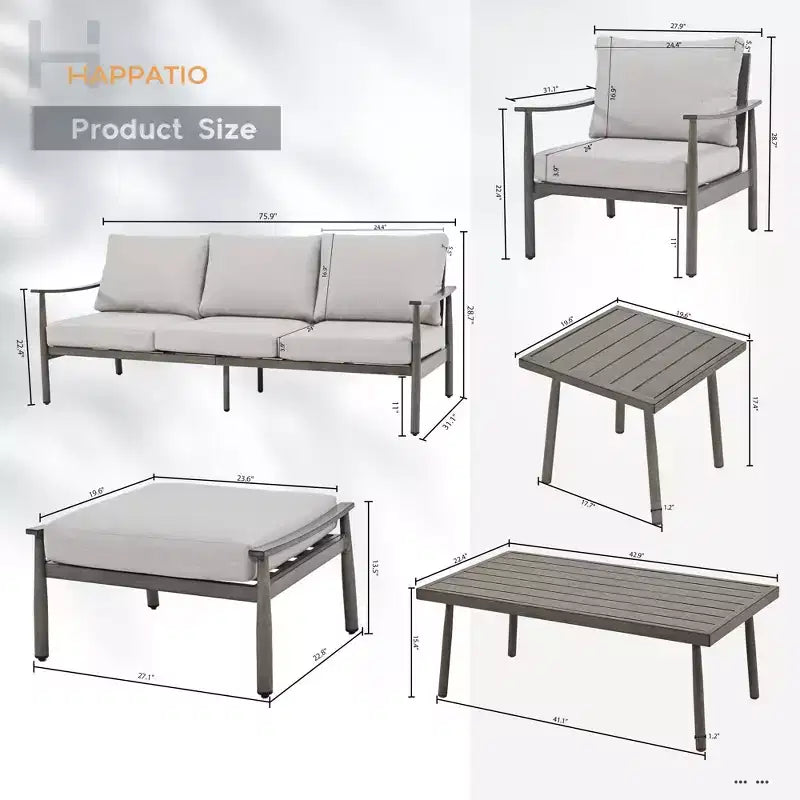 HAPPATIO 7 darabos alumínium kültéri beszélgetőgarnitúra, 1 háromszemélyes kanapéval, 1 dohányzóasztallal, 1 oldalasztallal, 2 fotellel és 2 puffal