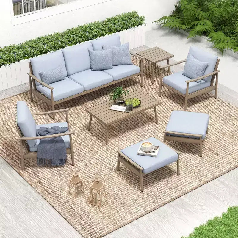 HAPPATIO 7 Pieces Aluminum Outdoor Conversation Set Includes 1 Three-Seater Sofa, 1 Coffee Table, 1 Side Table, 2 Armchairs and 2 Ottomans