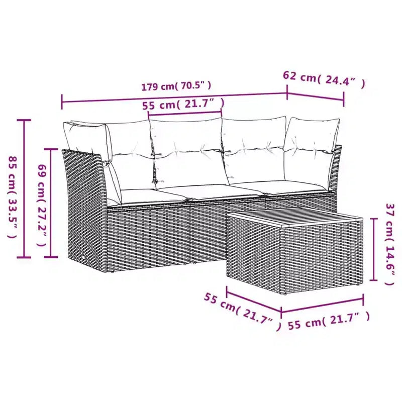 vidaXL Set di divani da patio da 4 pezzi con cuscini, polirattan nero