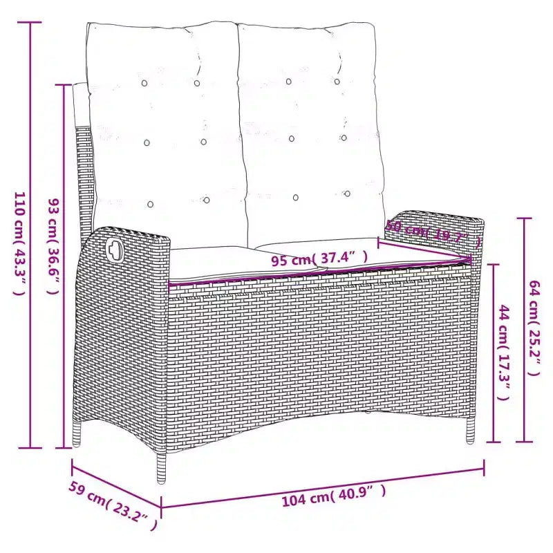vidaXL Ensemble repas de terrasse avec coussins – 2 pièces, mobilier d’extérieur de jardin en polyrotin noir, table et banc inclinable