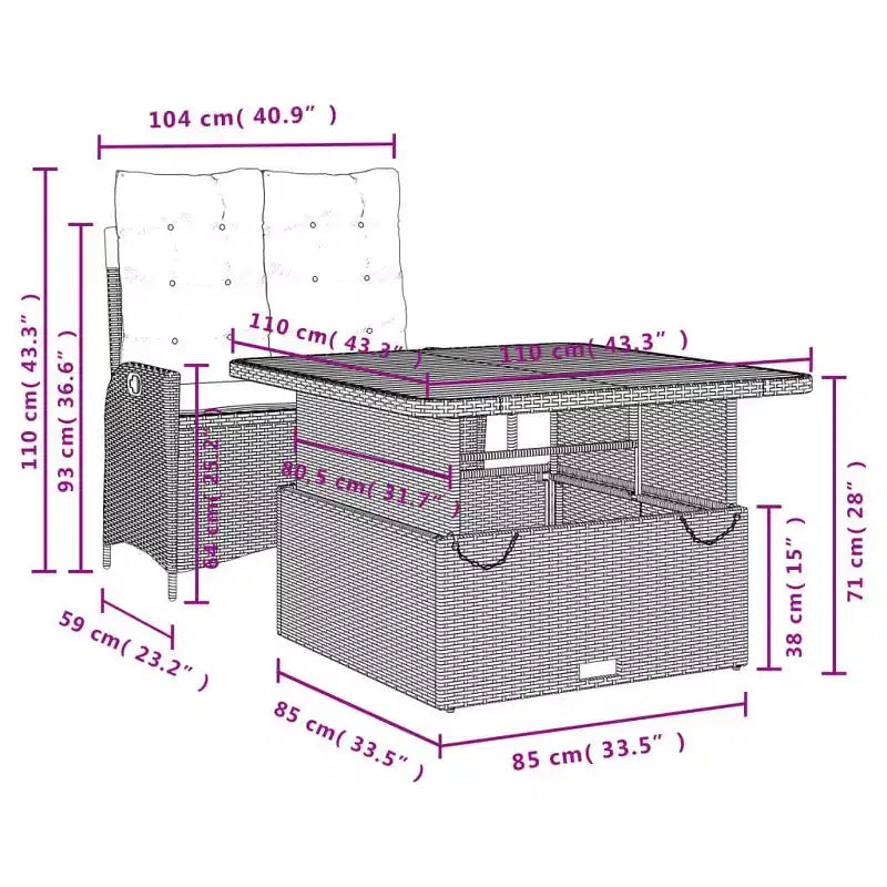 vidaXL Ensemble repas de terrasse avec coussins – 2 pièces, mobilier d’extérieur de jardin en polyrotin noir, table et banc inclinable