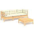 vidaXL Solid Pinewood Patio Lounge Set 4 Piece with Cream Cushions - Brown and Cream