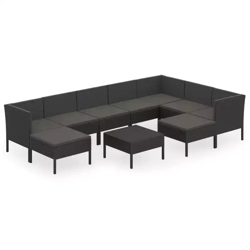 vidaXL 10-Piece Outdoor Patio Lounge Set - Poly Rattan Garden Furniture with Cushions and Table - Weather-Resistant, Easy-to-Clean, Black