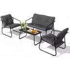 VINGLI 4 Piece Patio Conversation Set, Outdoor Furniture Set with Glass Coffee Table & Comfortable Cushion, Grey