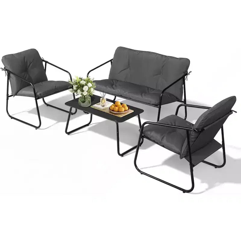 VINGLI 4 Piece Patio Conversation Set, Outdoor Furniture Set with Glass Coffee Table & Comfortable Cushion, Grey