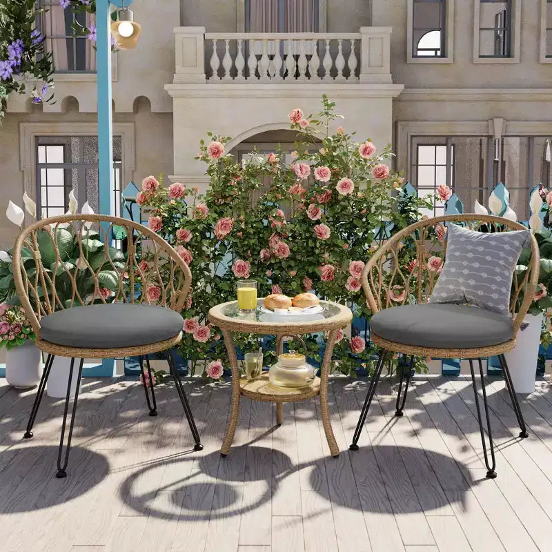 JVNOXK-Outdoor Leisure Set, 2 Rattan Single Chairs with A Glass Round Table, Perfectly Suited for Patios, Balconies, and Courtyards