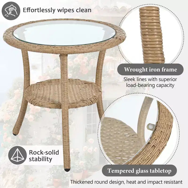 JVNOXK kültéri pihenőgarnitúra, 2 rattan egyszemélyes székkel és üveglapos kerek asztallal, tökéletes teraszra, erkélyre és udvarra
